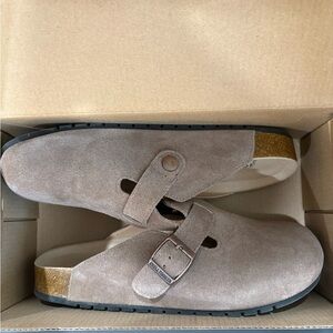 Suede Buckle Clogs with Gold Accent